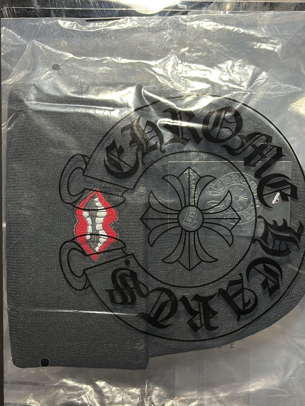 Chrome Hearts Black Beanie with Red and White Lip Embroidery